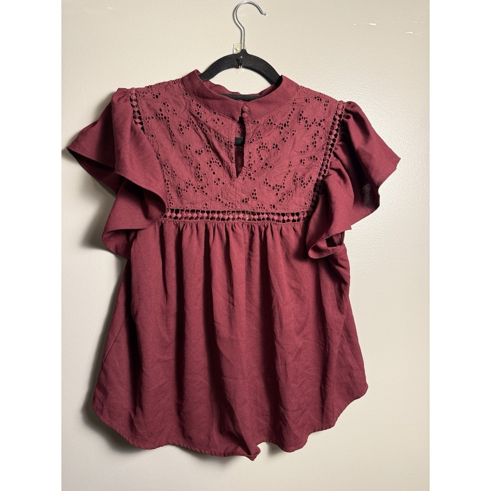 Express Top‎ Large Flutter Sleeve Blouse Burgundy Lace Design - Picture 2 of 4